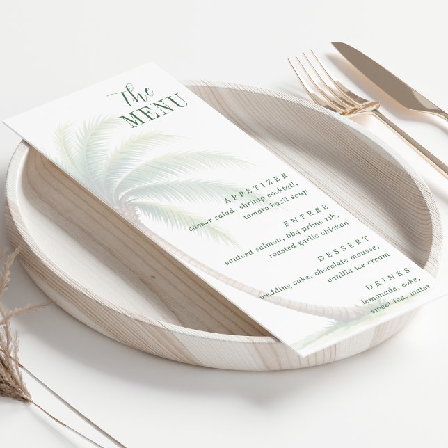 Menu de Água-Marinha Tropical de Palmeira em Aquar (Palm Tree Tropical Island Watercolor Green Menu
)