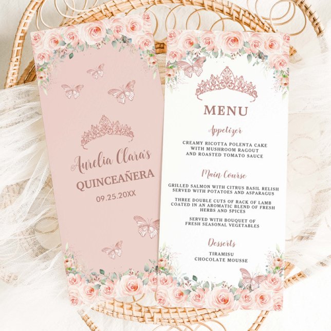 Menu de Aniversário do Blush Floral Rosa Dourado Q (Criador carregado)