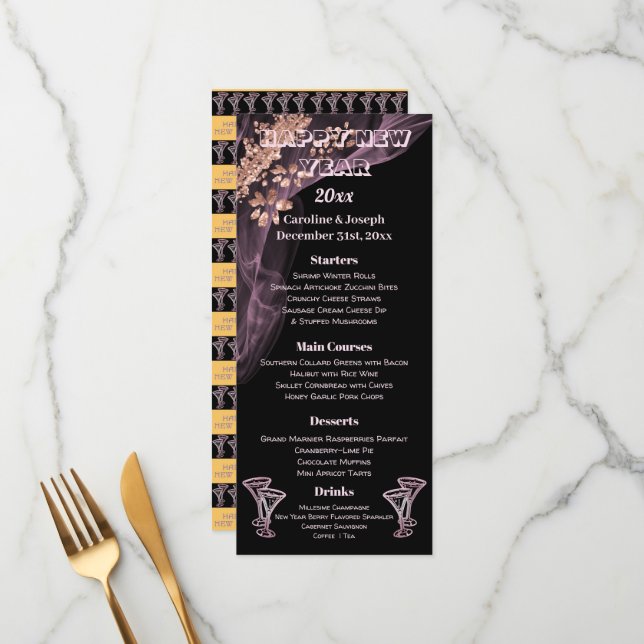 Menu de Ano Novo e Óculos de Champanhe Dourados Ro (Frente/Verso In Situ)
