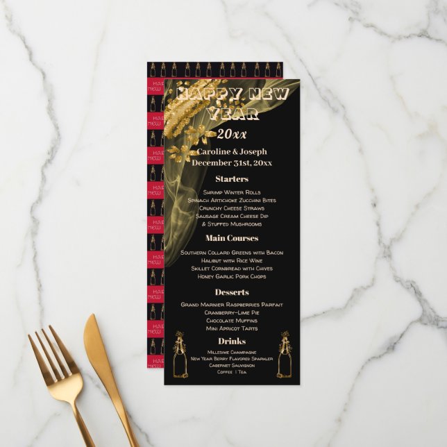 Menu de Ano Novo Preto e Dourado e Champanhe à Boc (Frente/Verso In Situ)