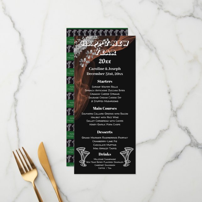 Menu de Ano Novo Preto e Prateado e Óculos de Cham (Frente/Verso In Situ)