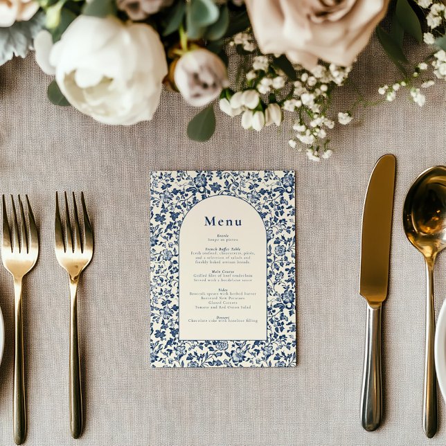 Menu de arco azul e creme com tema botânico elegan (Elegant deep blue delftware style botanical menu, classic and timeless celebration frame.)