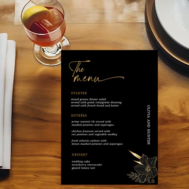 Menu de Bar de Bebidas Negras e Douradas Minimalis (Minimalist Black & Gold Wedding Drinks Bar Menu
)