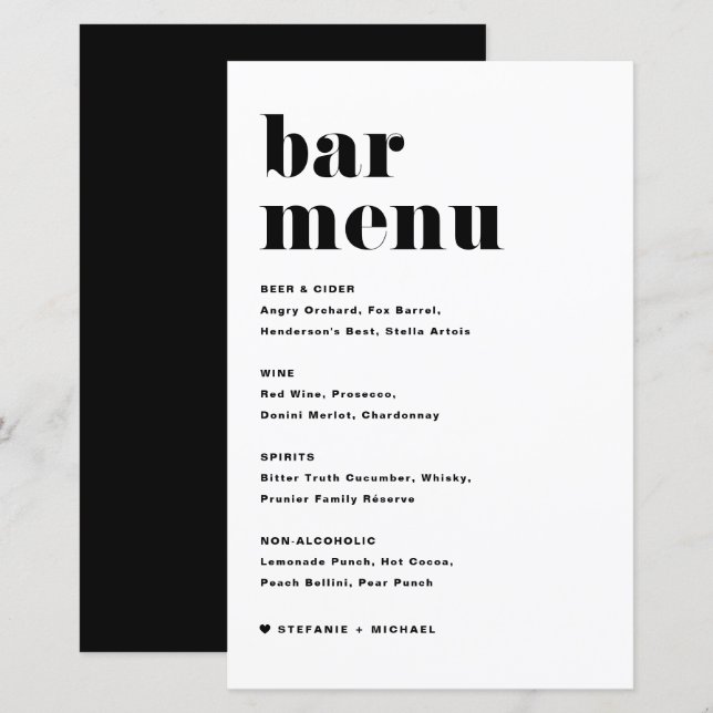 Menu de Bar de Casamento com Impressão a Negra (Frente/Verso)
