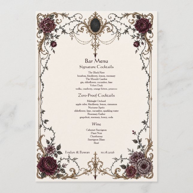 Menu de Bar de Casamento Floral Gótico Vitoriano S (Frente)