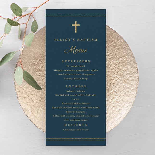 Menu de Batismo Cruz de Ouro Elegante (Elegant gold cross navy blue boys baptism menu.)