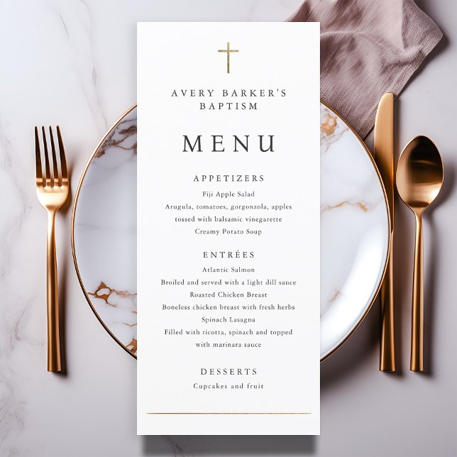 Menu de Batismo Dourado Mínimo Simples (Simple Minimalist Gold Cross Baptism Menu.)