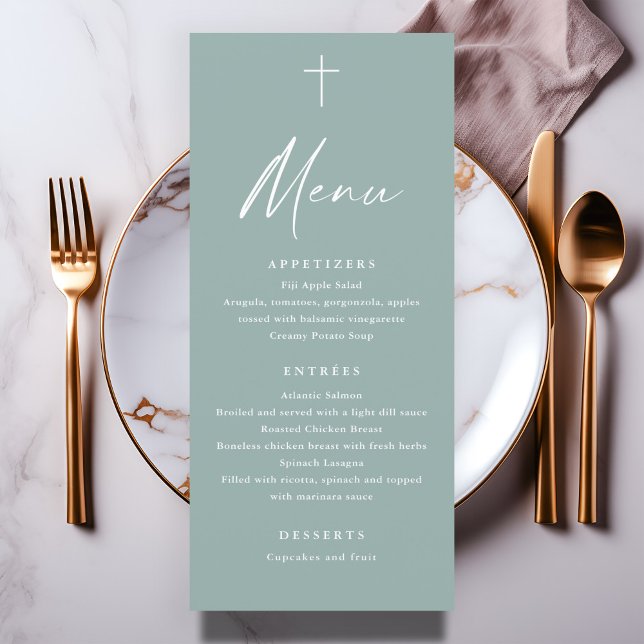 Menu de Batismo Verde do Sage do Script Moderno (Modern sage green script baptism menu.)