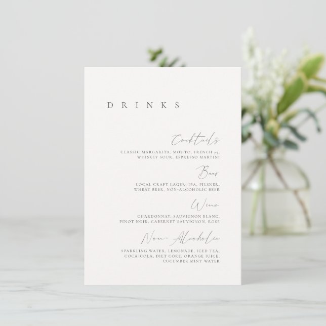 Menu de Bebida Mínima de Casamento Elegante Preto  (Em pé/Frente)