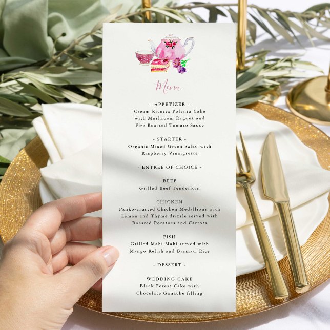 Menu de bule rosa poeirento cor-de-rosa com chá de (Criador carregado)