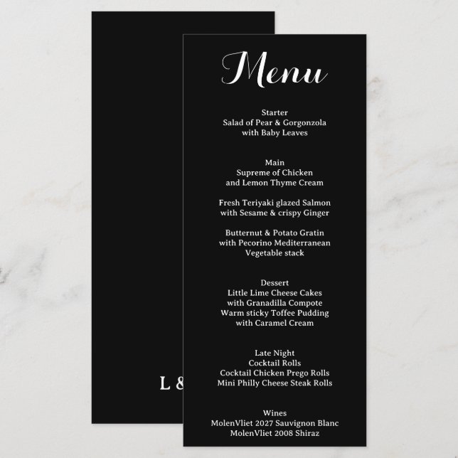 Menu de Caligrafia Preto e Branco Elegante Tradici (Frente/Verso)