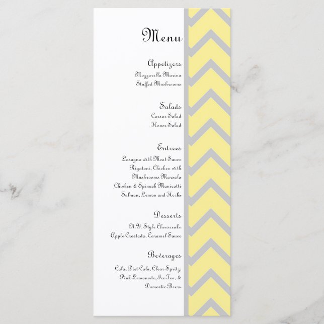 Menu de Casamento Amarelo/Cinza Moderno Chevron (Frente)