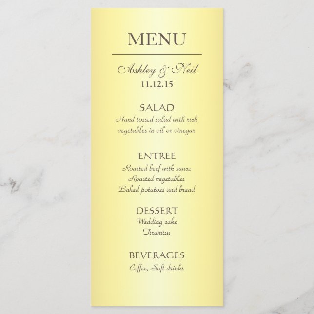 Menu de Casamento Amarelo e bege Clássico Elegante (Frente)