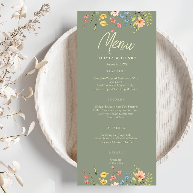 Menu de Casamento Amarelo e Sage de Flores Selvage (Criador carregado)