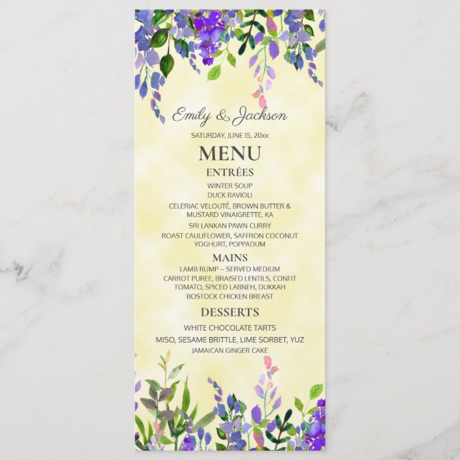 Menu de Casamento Amarelo Floral com Lavanda de Aq (Frente)