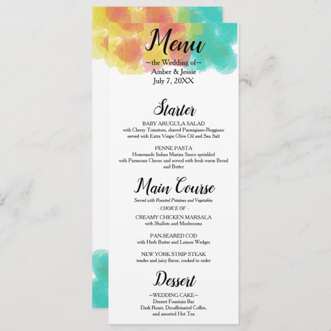 Menu de Casamento Artsy Gouache Watercolor (Frente/Verso)
