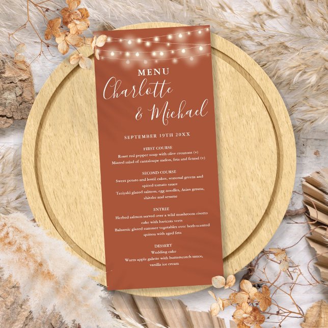 Menu de Casamento Assinatura com Luzes de Corda de (Terracotta String Lights Signature Wedding Menu)