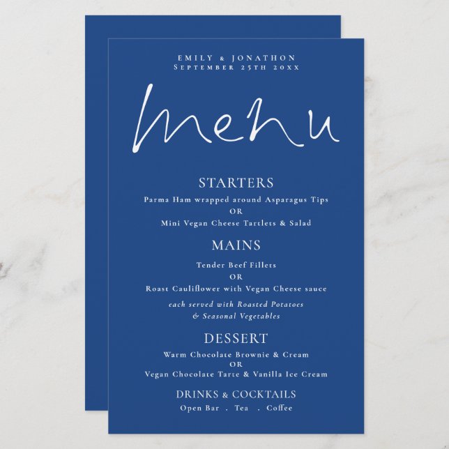 Menu de Casamento Azul Branco do Script Na moda de (Frente/Verso)