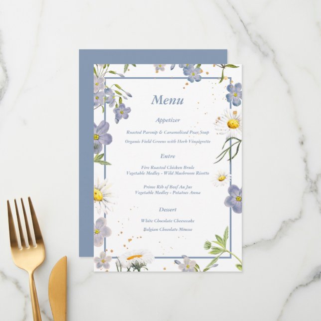 Menu de Casamento Azul das Flores de Verão (Frente/Verso In Situ)