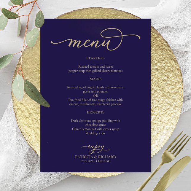 Menu de Casamento Azul do Marinho de Script Dourad (Criador carregado)