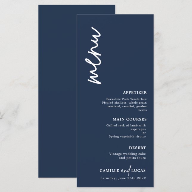 Menu de Casamento Azul do Marinho Minimalista (Frente/Verso)