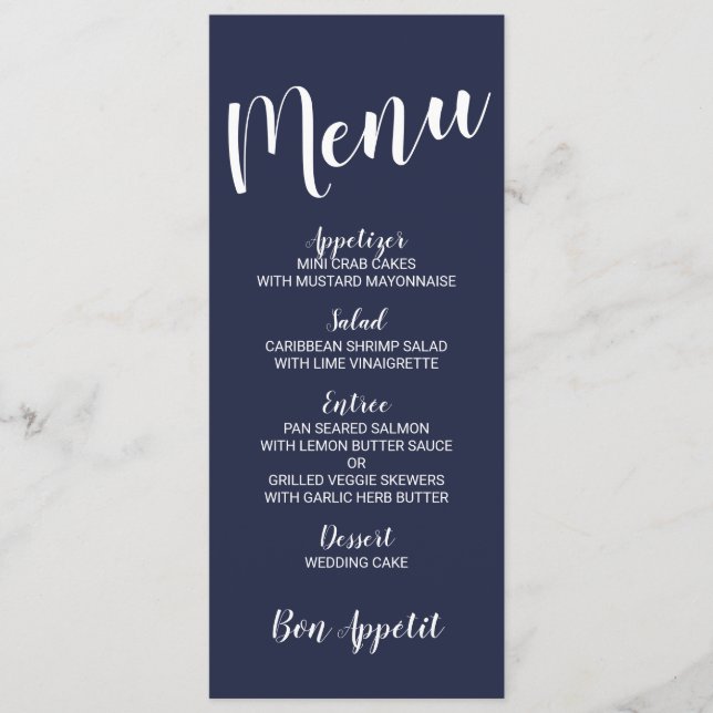 Menu de Casamento Azul do Marinho Náutico de Scrip (Frente)
