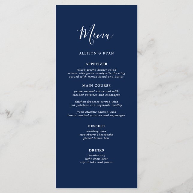 Menu de Casamento Azul do Marinho Russo (Frente)