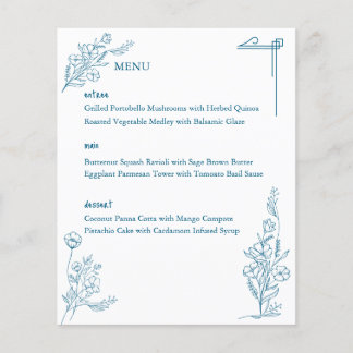 Menu de Casamento Azul do Oceano Floral Desenhado 