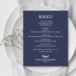 Menu de Casamento Azul do Sapphire Simples Elegant<br><div class="desc">Um pequeno barato, um cartão de cardápio azul-safira com suas escolhas de comida em letras brancas chic é perfeito para uma recepção de casamento moderna, um janto de ensaio de casamento, uma festa de aniversário ou qualquer evento especial com um janto sit-down. *Mede 4, 5" x 5, 6" (ou escolha...</div>