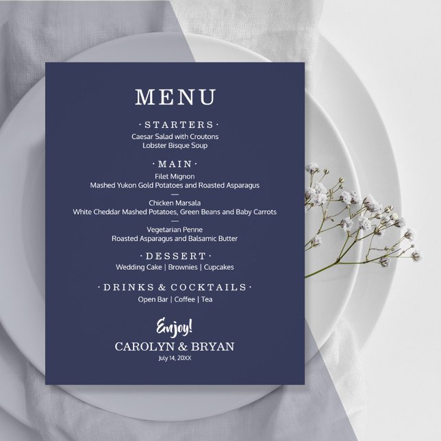 Menu de Casamento Azul do Sapphire Simples Elegant (Criador carregado)