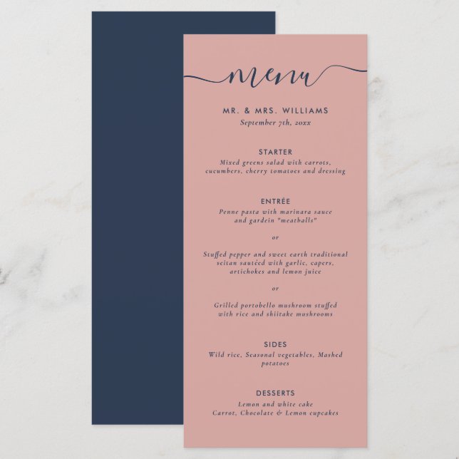 Menu de Casamento Azul e Blush do Marinho Moderno (Frente/Verso)