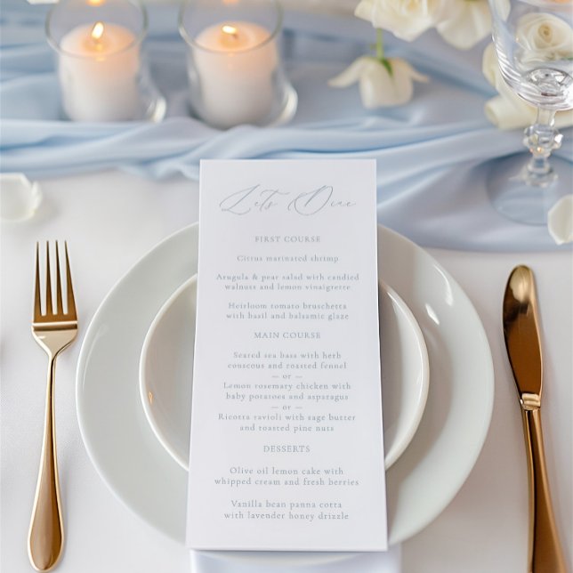 Menu de Casamento Azul e Branco Elegante Dusty (Elegant Dusty Blue & White Wedding Menu)