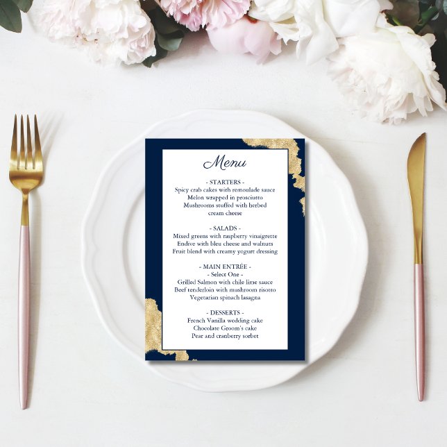 Menu de Casamento Azul e Dourado do Marinho Modern (Criador carregado)