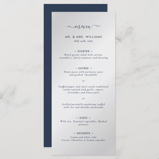 Menu de Casamento Azul e Prata do Marinho Moderno (Frente/Verso)
