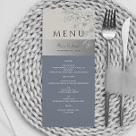 Menu de Casamento Azul Elegante Dusty<br><div class="desc">Adicione um toque de elegância ao seu casamento no inverno com este maravilhoso menu de casamento boho-chic. Apresentando um belo pano de fundo azul empoeirado, flores douradas e sotaques prateados, ele combina perfeitamente elementos modernos e antigos para um aspecto sofisticado e romântico. Ideal para uma celebração de inverno, este menu...</div>