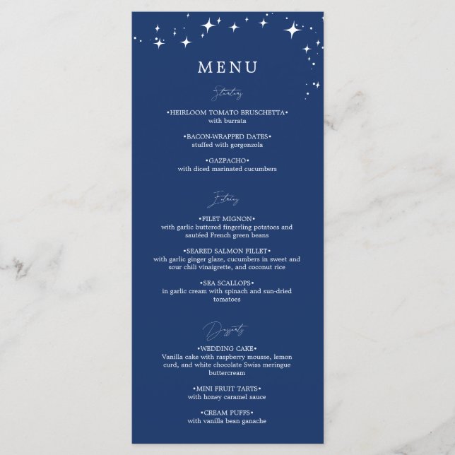 Menu de casamento azul marinho elegante celestial (Frente)