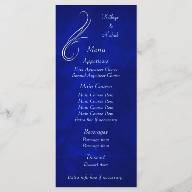 Menu de Casamento Azul Silver Swirl Bright (Frente)