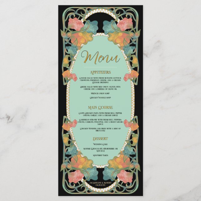 Menu de Casamento Black Watercolor Art Nouveau (Frente)