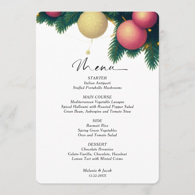 Menu de Casamento Bolas de Natal (Frente)