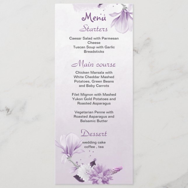 menu de casamento botânico das flores da mauve púr (Frente)