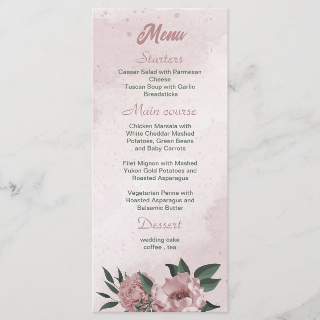 menu de casamento botânico das flores rosa bonito (Frente)