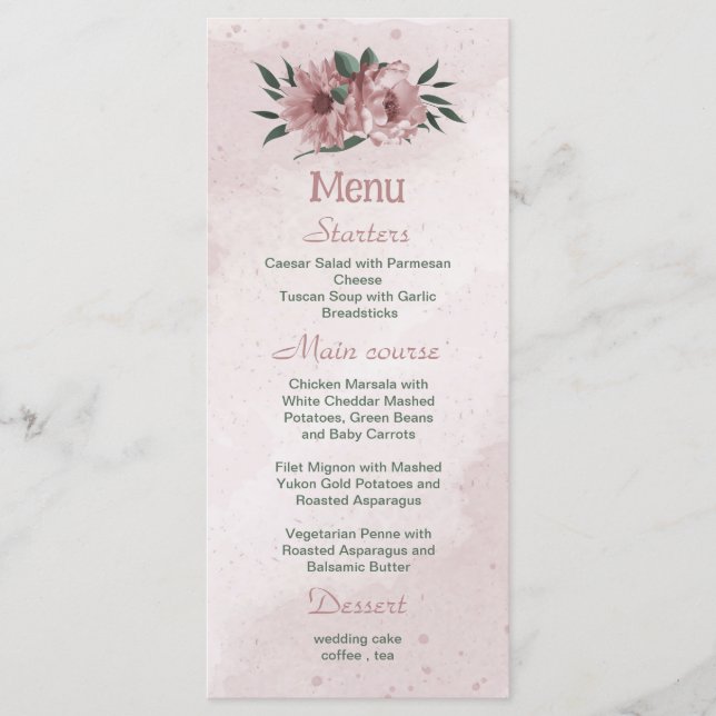 menu de casamento botânico das flores rosa bonito (Frente)