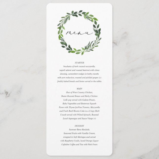 Menu de casamento botânico de cor aquática com fol (Frente)