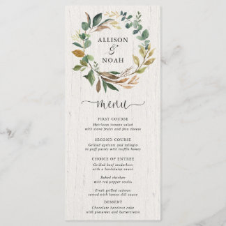 Menu de casamento botânico de folhagem verde-russa
