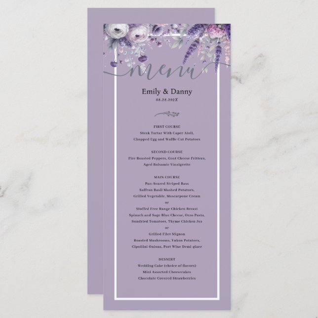 Menu de Casamento Botânico de Lavanda Elegante Mau (Frente/Verso)