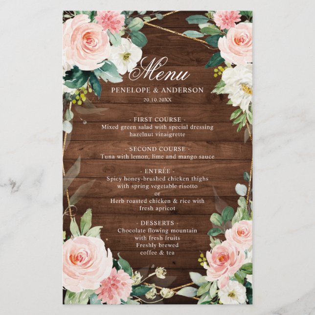 Menu de Casamento Botânico de Madeira Rústica (Frente)