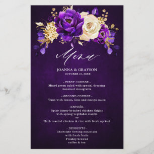 Menu de Casamento Botânico Dourado Violeta Roxo Re