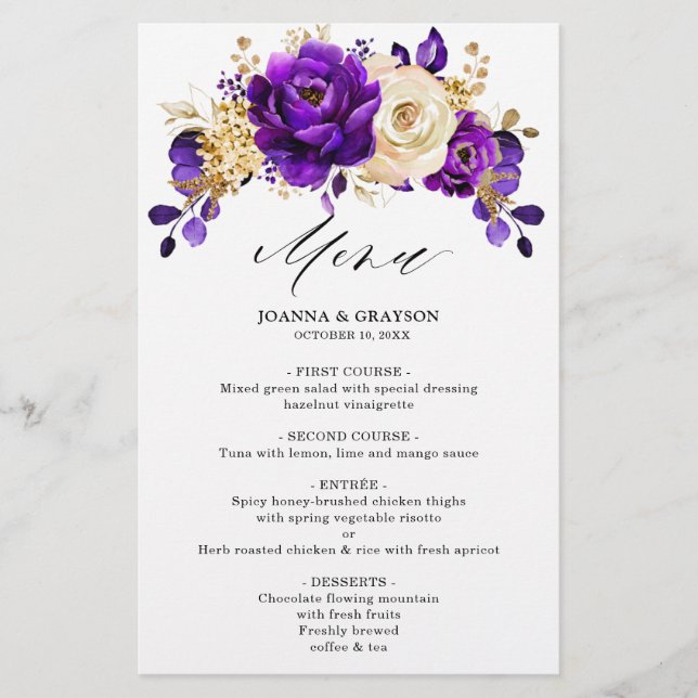 Menu de Casamento Botânico Dourado Violeta Roxo Re (Frente)