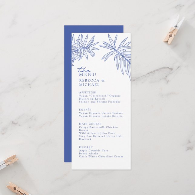 Menu de Casamento Botânico Elegante Azul (Frente/Verso In Situ)