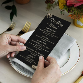 Menu de Casamento Botânico Elegante Preto e Dourad